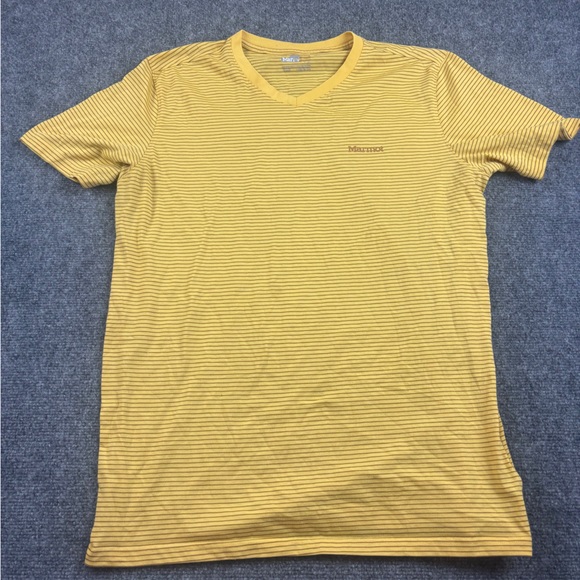 MARMOT Men’s Short Sleeve V-Neck Stripe T-Shirt Yellow size: Large - Picture 1 of 8